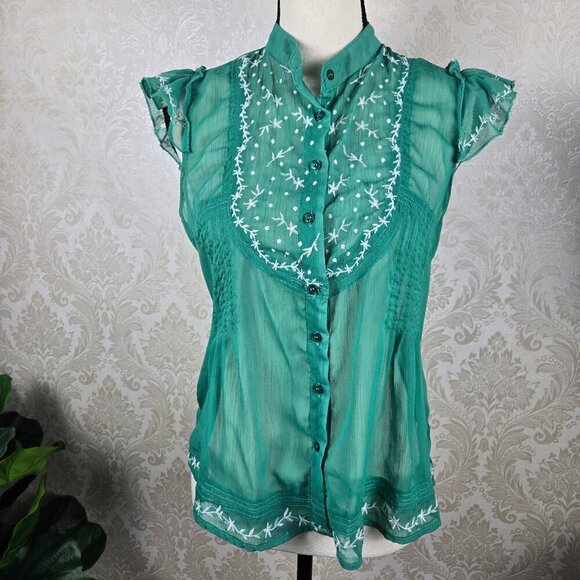 Mustard Seed by Do&Be Sz Large Green Blouse Embroidered Sheer Cap Sleeve Ruffles - Picture 1 of 14
